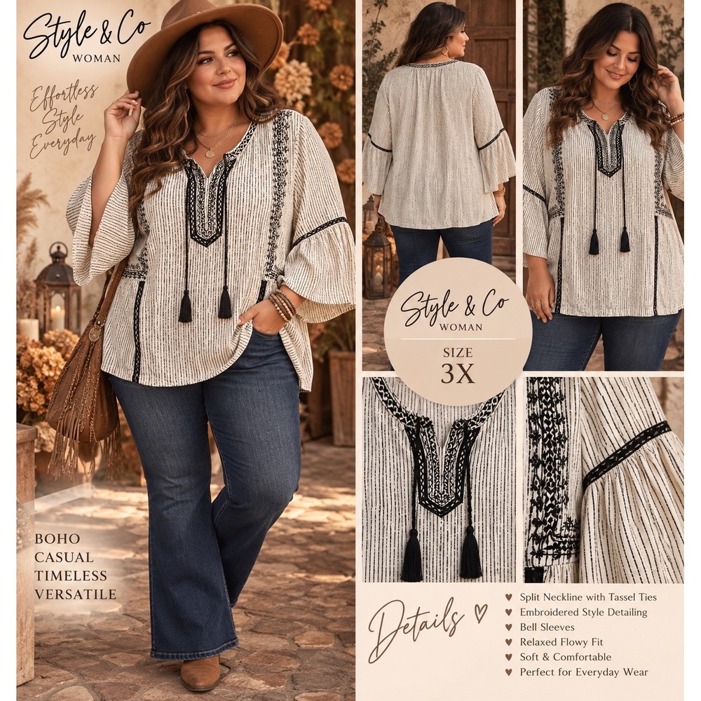 Style & Co Woman Boho Embroidered Bell Sleeve Tassel Top Ivory Black 3X